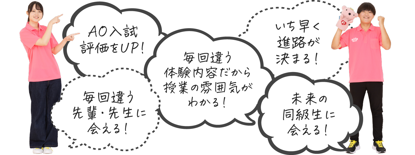 AO入試評価をUP！いち早く進路が決まる！毎回違う体験内容だから授業の雰囲気がわかる！毎回違う先輩・先生に会える！未来の同級生に会える！
